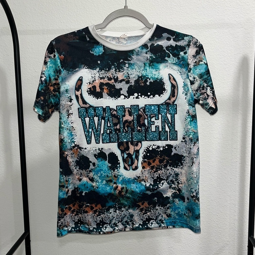MORGAN WALLEN | Western Cow Hide Graphic Tee in Teal and Black Tie Dye | Size S